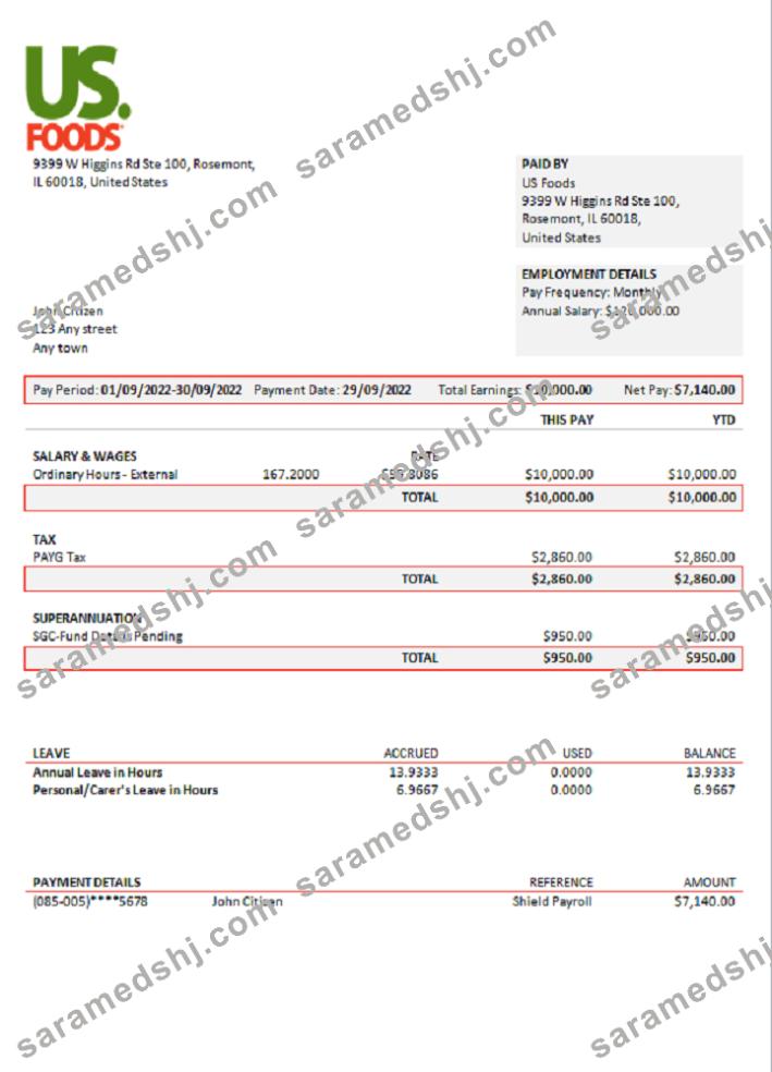 USA US Foods food distribution company pay stub